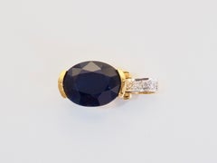 Vintage 18K Yellow Gold 3.80 Carats Dark Blue Sapphire & 0.04ct Diamond Pendant