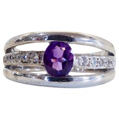 1990s Vintage Sterling Silver 1.05 Carats Amethyst & CZ Three Shank Ring, Size 7