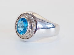 Sterling Silver 1.50 Carats Blue Topaz & CZ Halo Men's Band Ring, 9.25 US