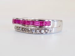 1990s Sterling Silver 0.71 Carats Ruby & CZ Asymmetrical Band Ring, Size 7.75