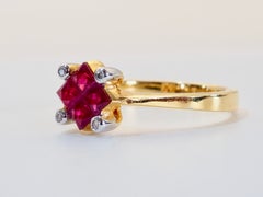 18K Yellow Gold 0.65 Carats Vivid Red Ruby & 0.03ct Diamond Invisible Ring