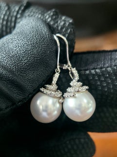 18K White Gold 12mm South Sea Pearl & 0.40ct Diamond Dangle Earrings