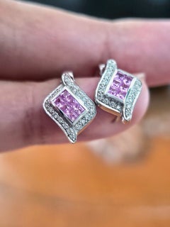 18K White Gold 1.15ct Squared Pink Sapphires & 0.21ct Diamond Geom Earrings