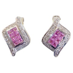18K White Gold 1.15ct Squared Pink Sapphires & 0.21ct Diamond Geom Earrings