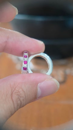 Sterling Silver 0.85 Carats Square Pinkish Red Ruby & CZ Hoop Earrings