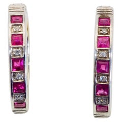 Sterling Silver 0.85 Carats Square Pinkish Red Ruby & CZ Hoop Earrings