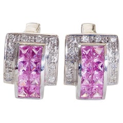 18K White Gold 2.20ct Squared Pink Sapphires & 0.14ct Diamond Geometric Earrings