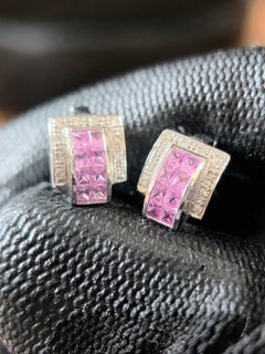 18K White Gold 2.20ct Squared Pink Sapphires & 0.14ct Diamond Geometric Earrings