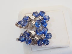 Sterling Silver 15.30ct Oval Cornflower Blue Sapphire & CZ Floral Earrings