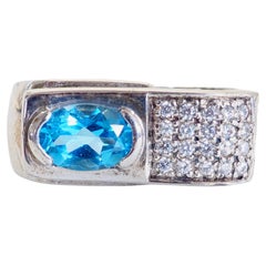 1990s Sterling Silver 1.00ct Blue Topaz & CZ Cluster Belt Buckle Ring, 7.25 US