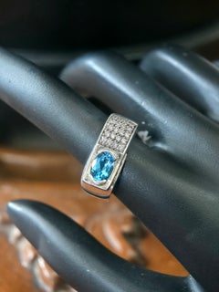 1990s Sterling Silver 1.00ct Blue Topaz & CZ Cluster Belt Buckle Ring, 7.25 US