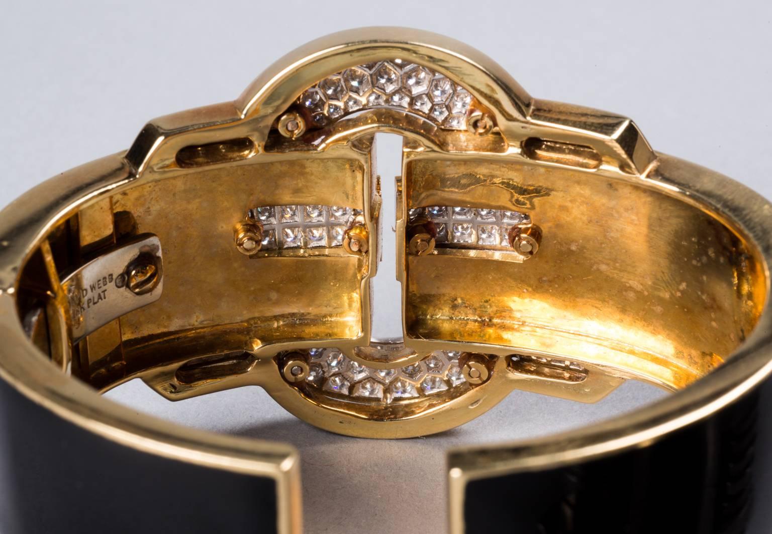 1970s David Webb Black Enamel Diamond Gold Cuff Bracelet In Excellent Condition In Houston, TX