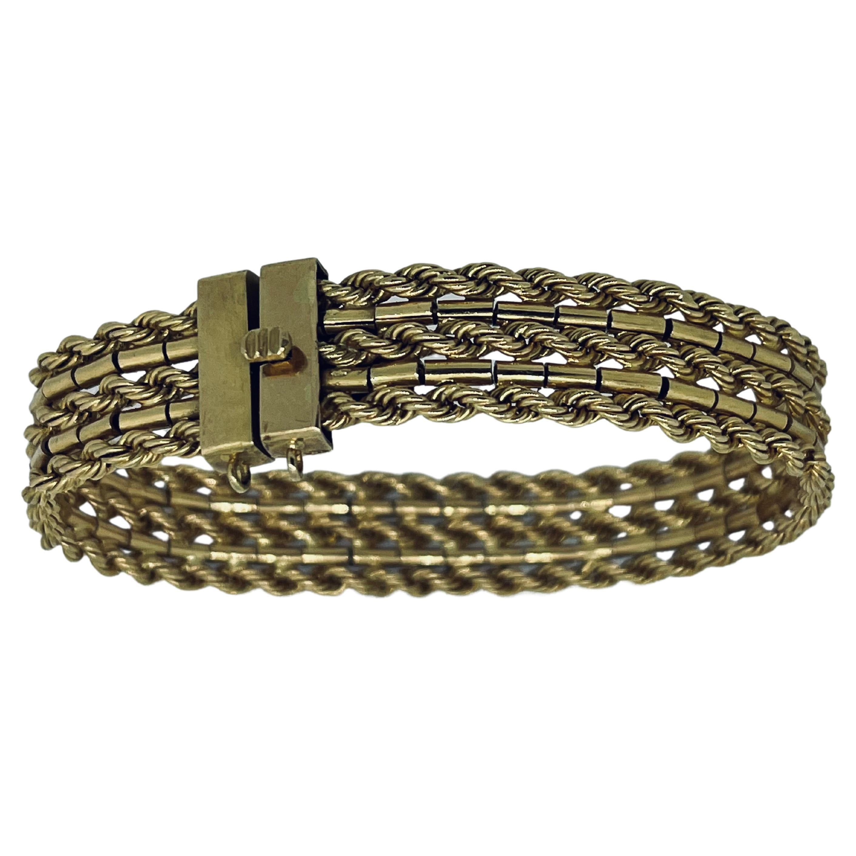 Marked 18 Carat Three Row Rope Gold Italian Bracelet, Circa 1960s 