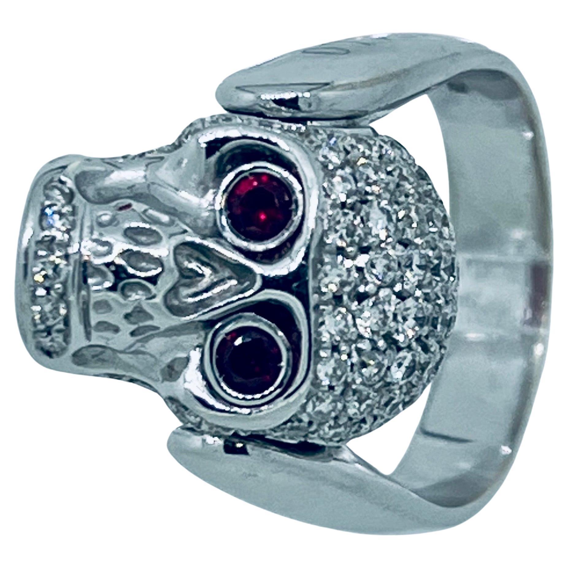 Gavello 18 Carat White Gold and 0.7 Carat Diamond Skull Ring with Ruby Eyes For Sale