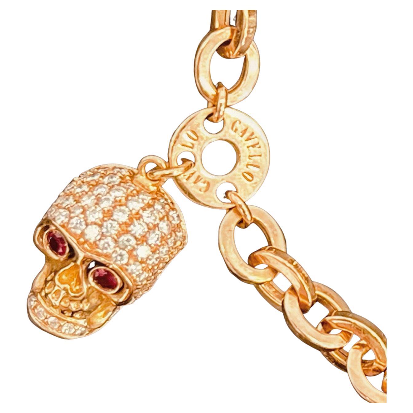 Gavello 18 Carat Gold, 2.2 Carat Diamonds and 0.5 Carat Ruby Eye Skull Necklace For Sale