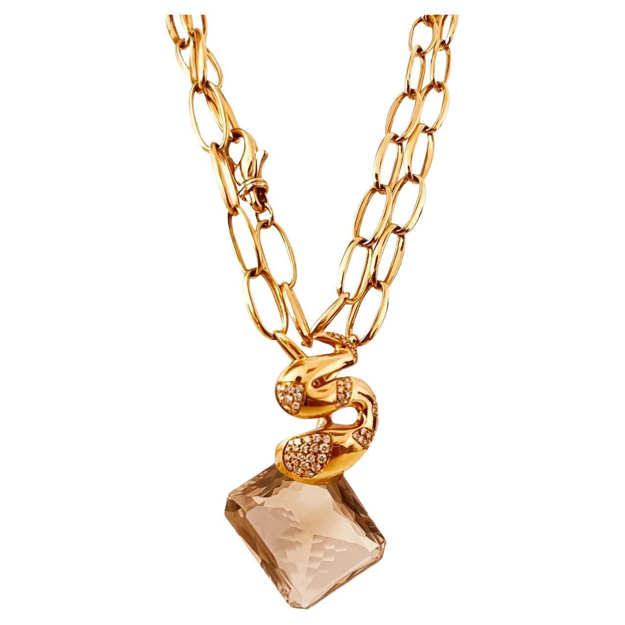 18ct Pink Gold 74cm Chain Suspending A Diamond Set Snake To A Rectangular Quartz For Sale