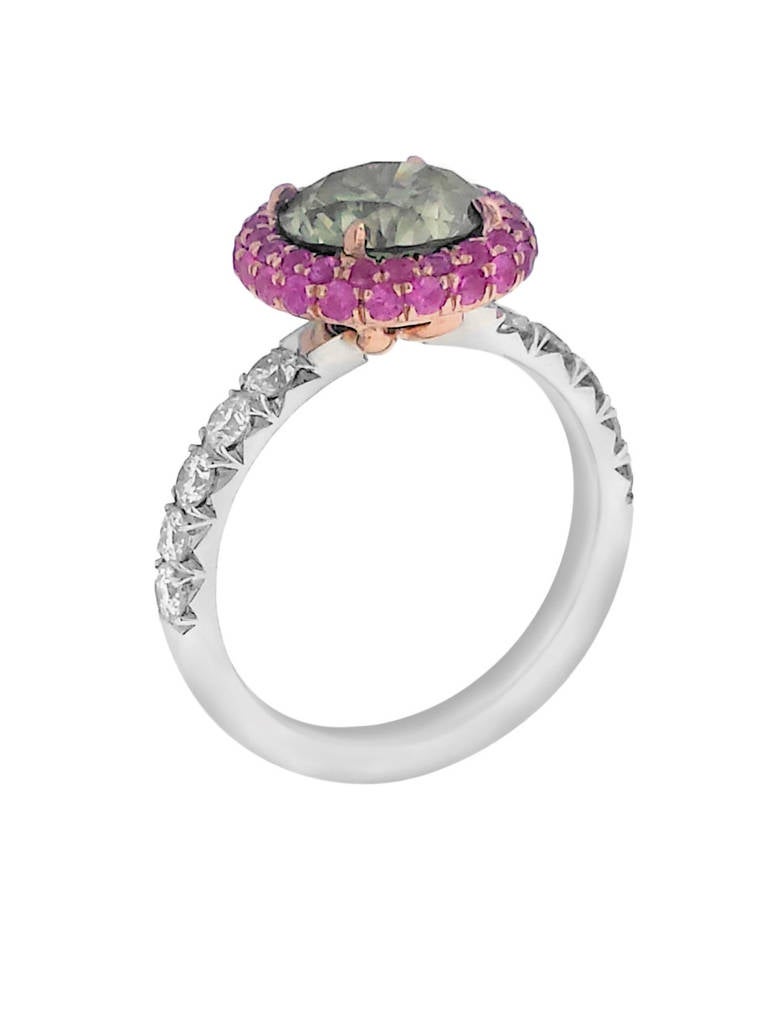 Greenish Grey Diamond Ring with Pink Sapphires