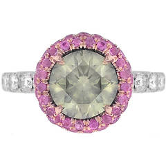 Greenish Grey Diamond Ring with Pink Sapphires