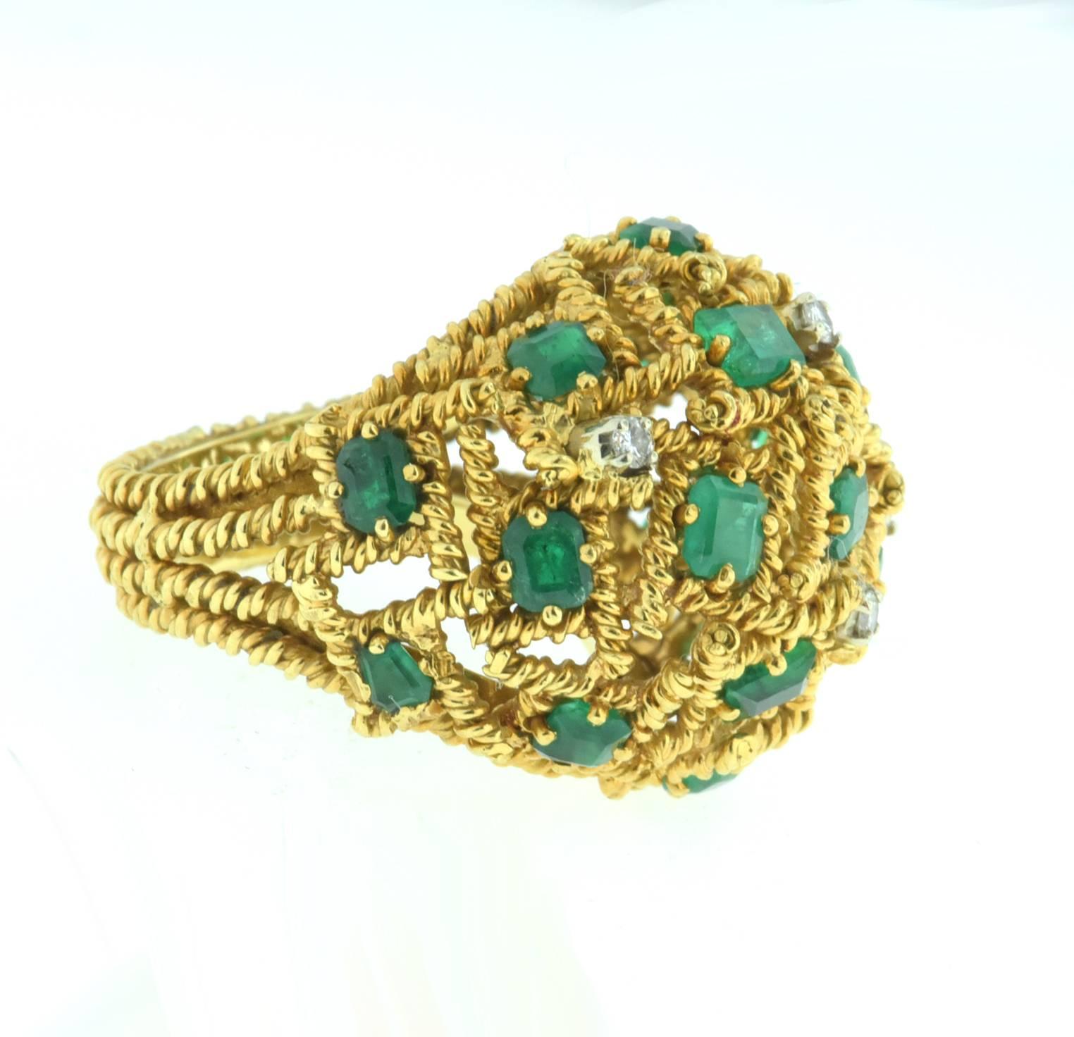 Mid Century Modernist Emerald Diamond Gold Dome Ring In Excellent Condition For Sale In Hartsdale, NY