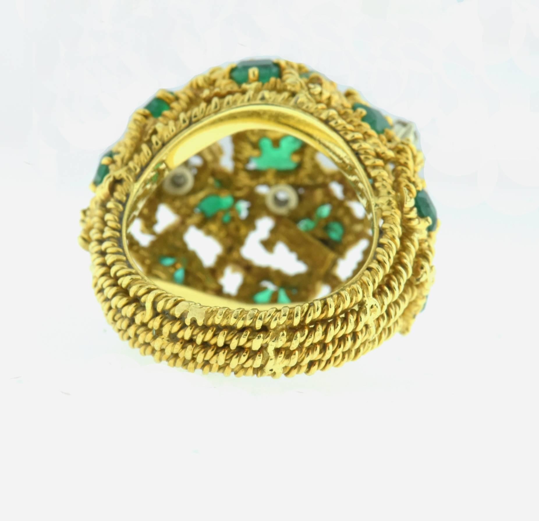 Women's Mid Century Modernist Emerald Diamond Gold Dome Ring For Sale