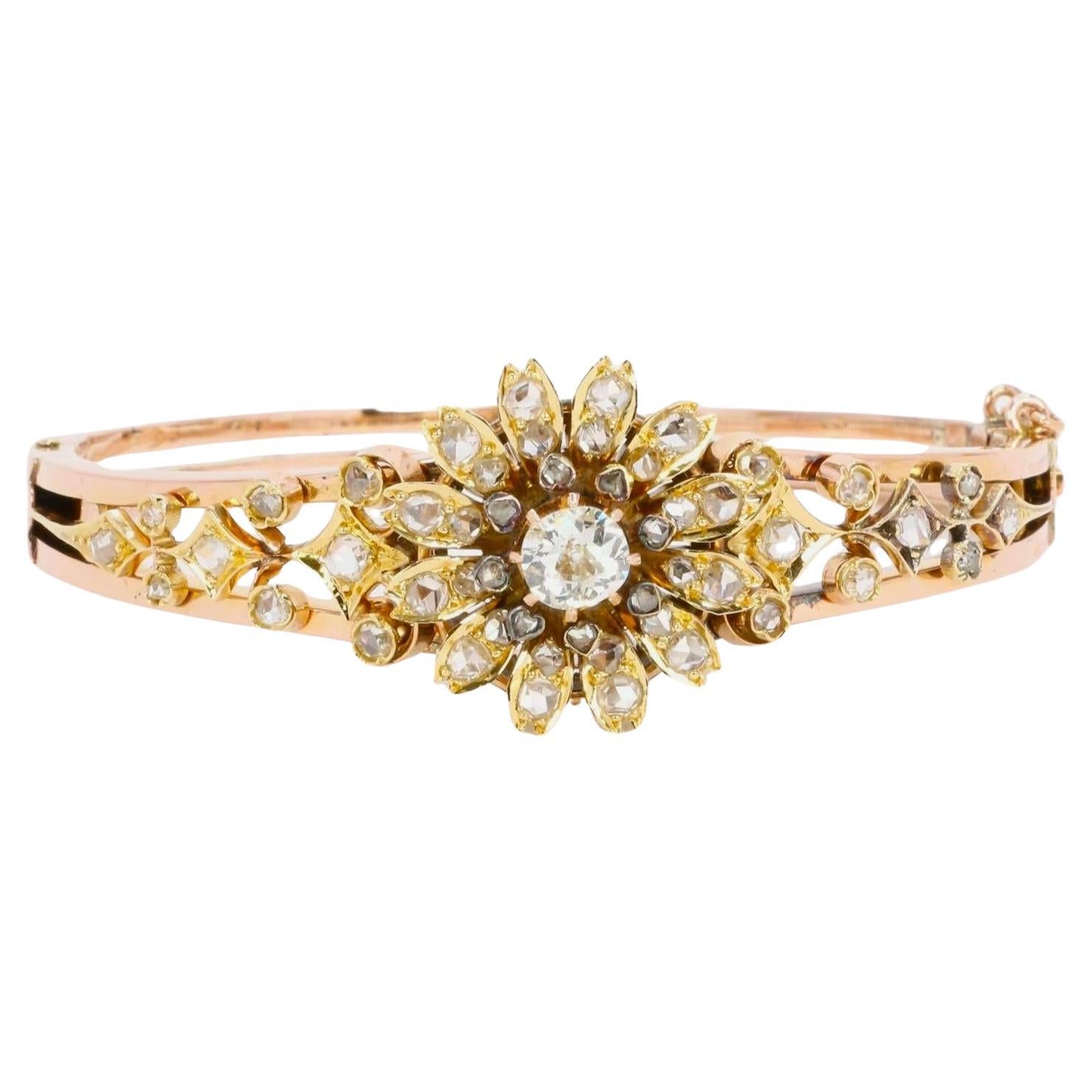 Bracelet fleur victorien en or rose et diamants taille ancienne en vente