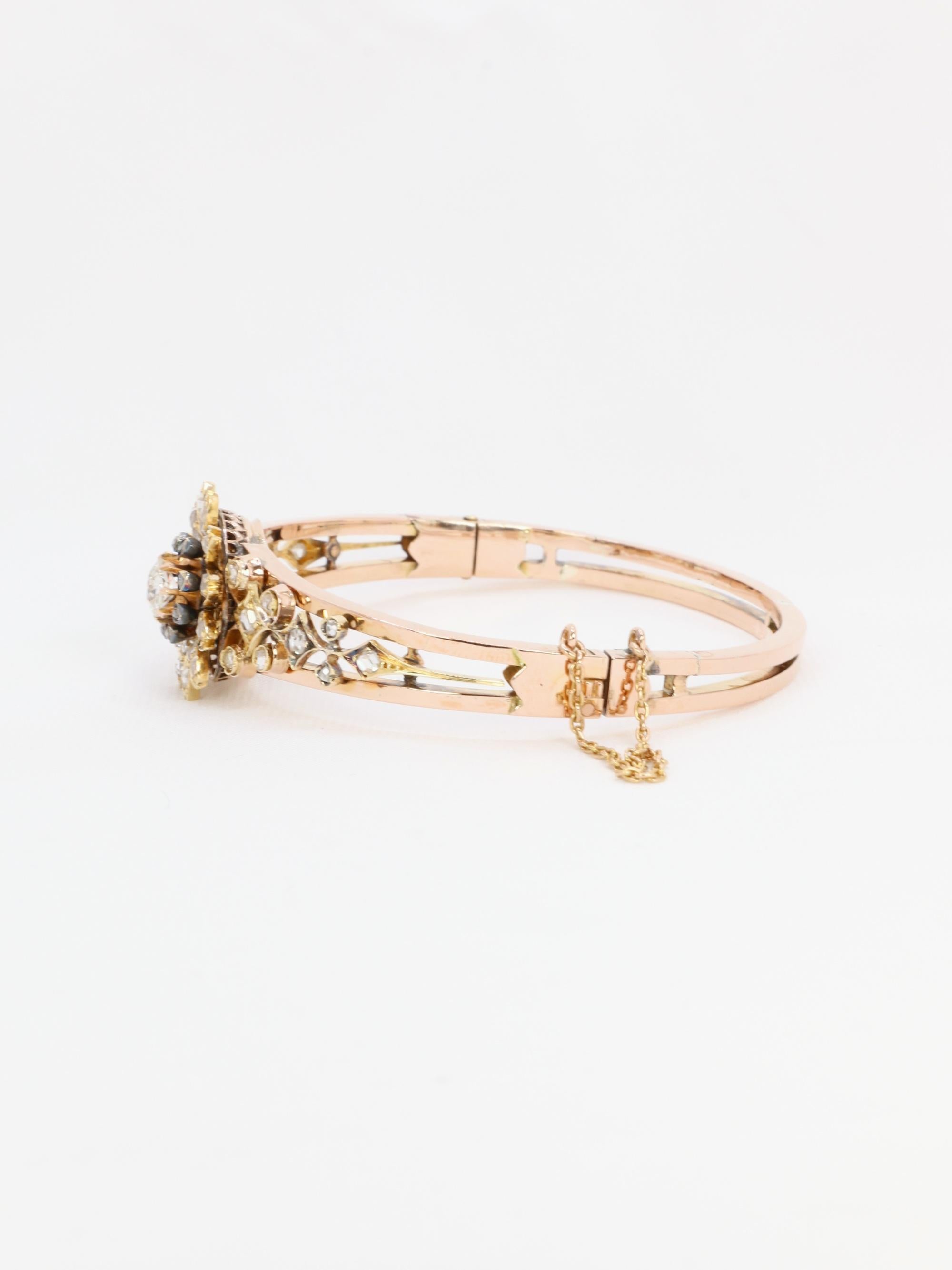Taille vieille mine Bracelet fleur victorien en or rose et diamants taille ancienne en vente