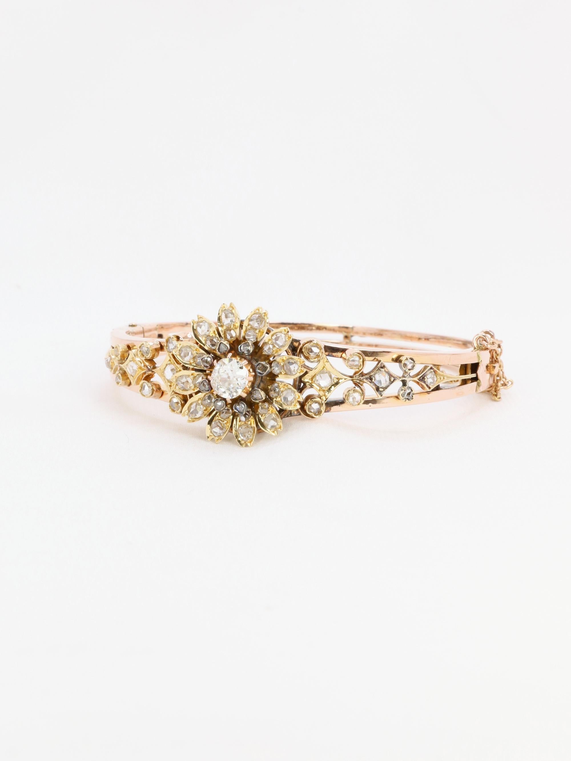 Victorien Bracelet fleur victorien en or rose et diamants taille ancienne en vente