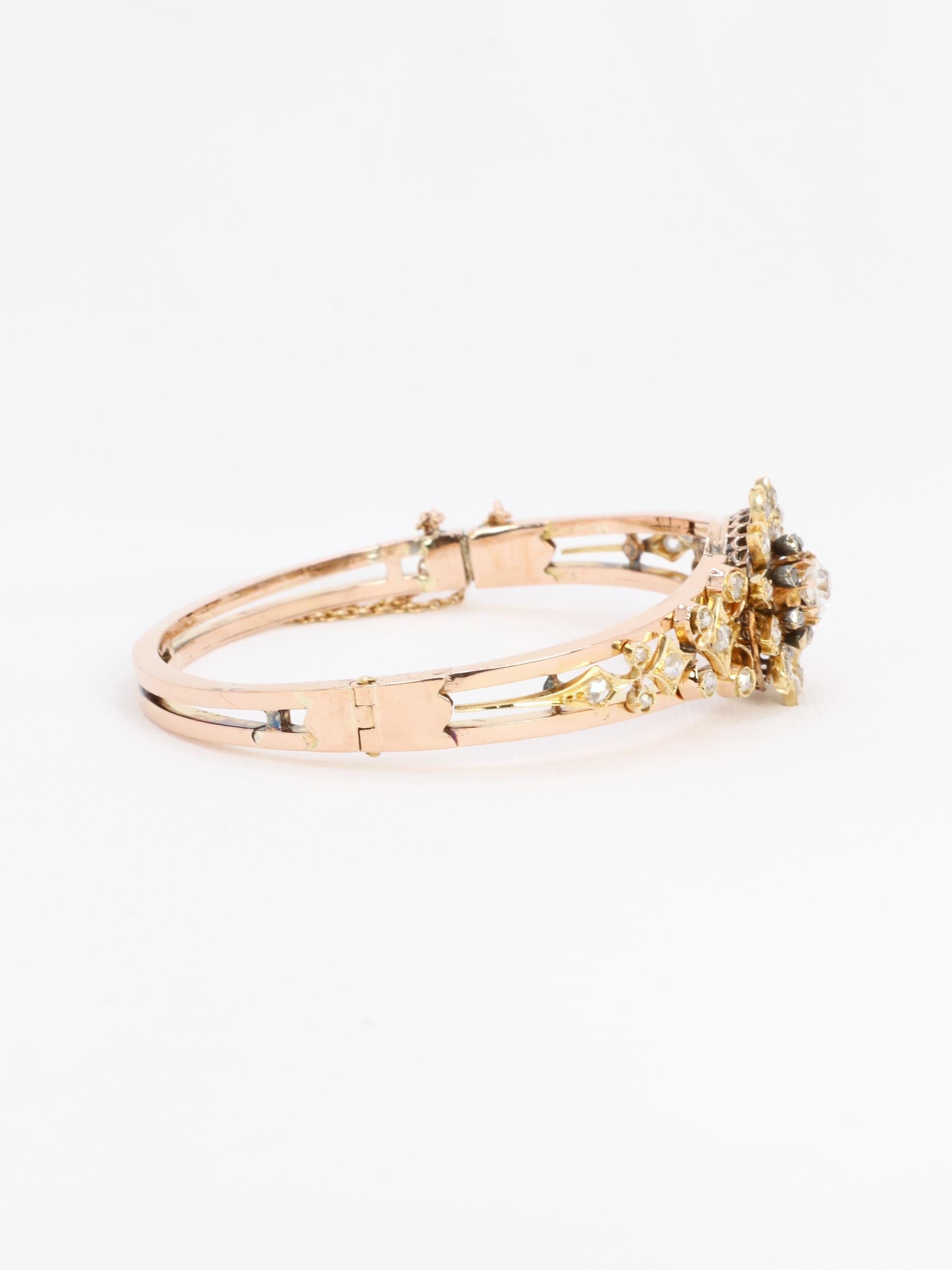 Bracelet fleur victorien en or rose et diamants taille ancienne Pour femmes en vente