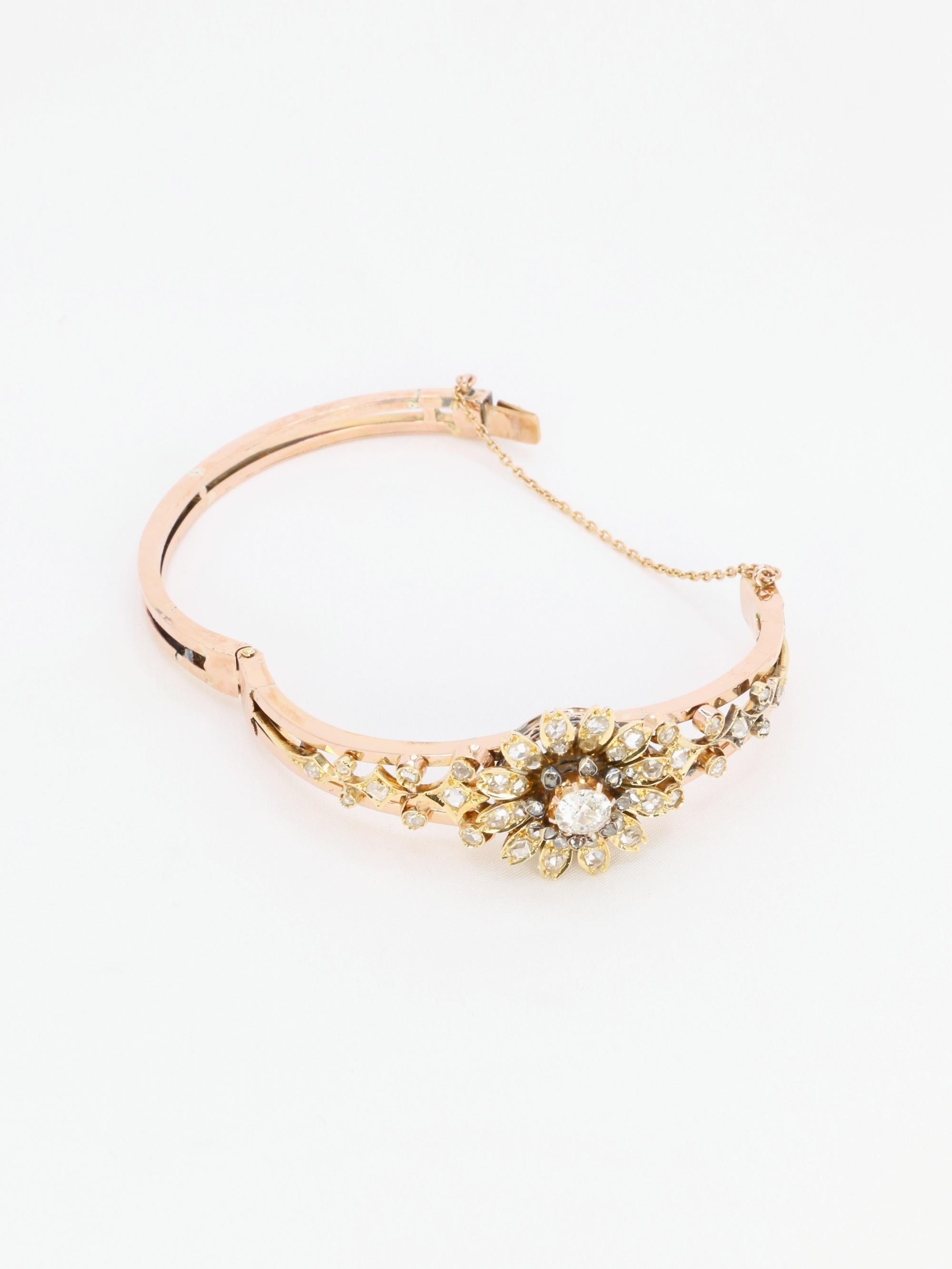 Bracelet fleur victorien en or rose et diamants taille ancienne en vente 2