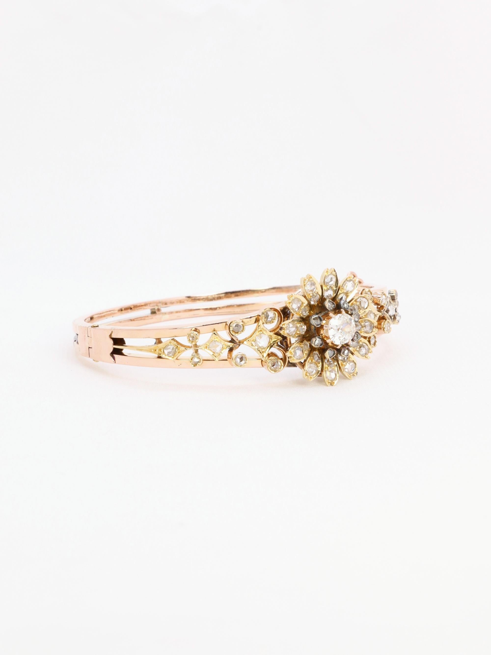 Bracelet fleur victorien en or rose et diamants taille ancienne en vente 1