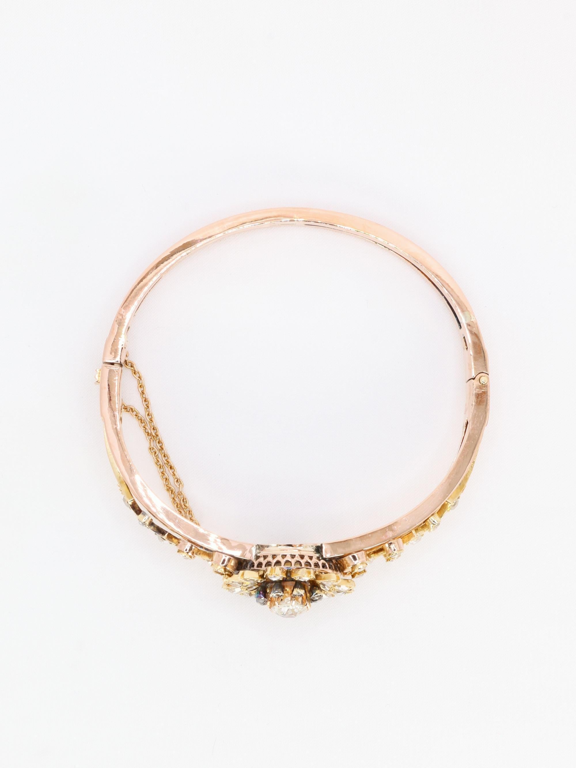 Bracelet fleur victorien en or rose et diamants taille ancienne en vente 3