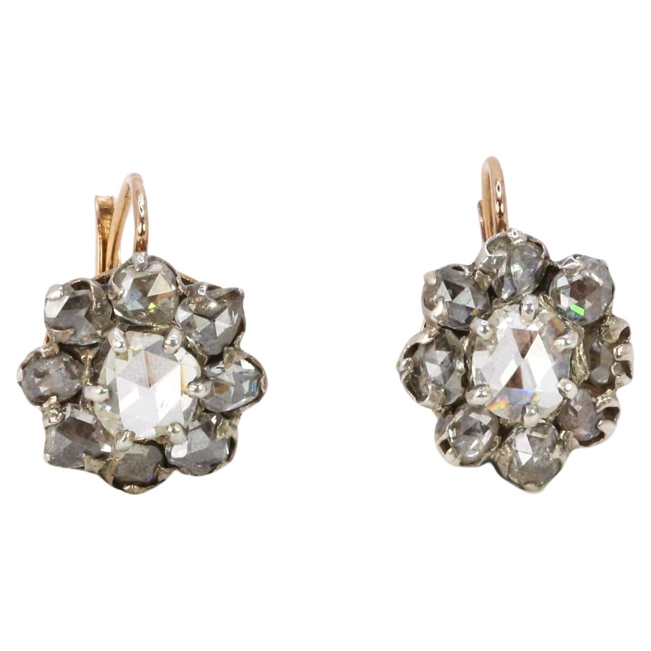 Boucles d'oreilles dormeuses antiques victoriennes en diamants taillés en rose
