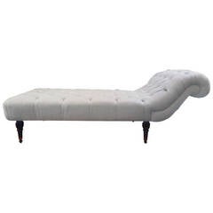 Antique Tufted Edwardian Chaise in Grey Linen