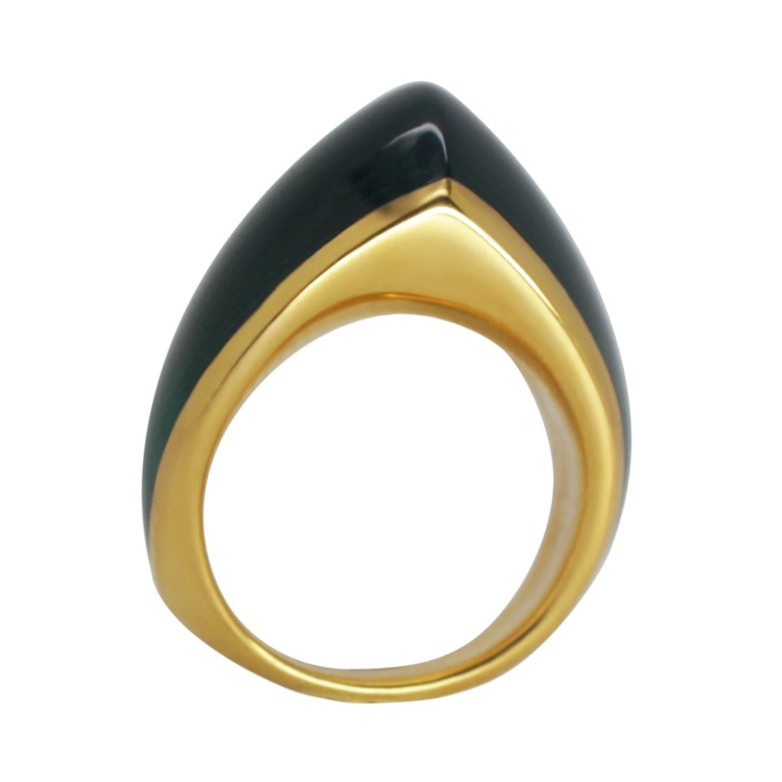 The Libertine ring has become a loved design and continues to be a real favourite. Both bold in colour and size it look amazing on and is very comfortable and tactile.  When the light hits the translucent cold enamel it reflects a strong vibrant