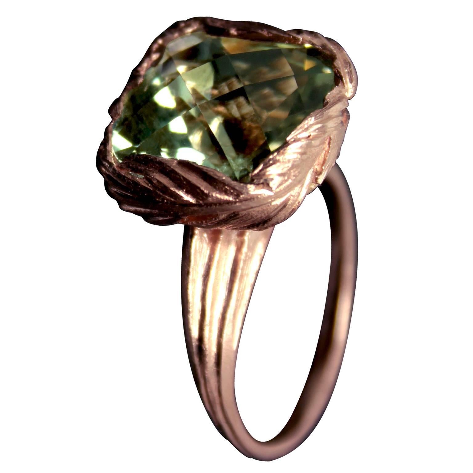 Cushion Cut Green Amethyst Gold Feather Ring For Sale