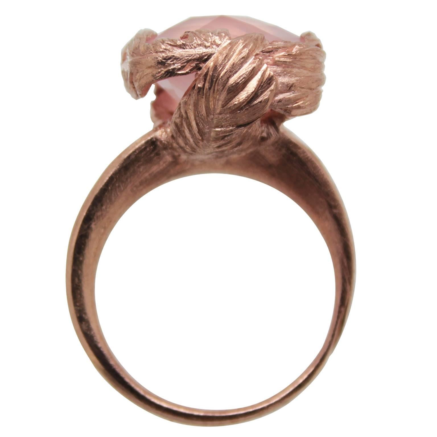 Romantic Rose Quartz Gold Feather Ring For Sale