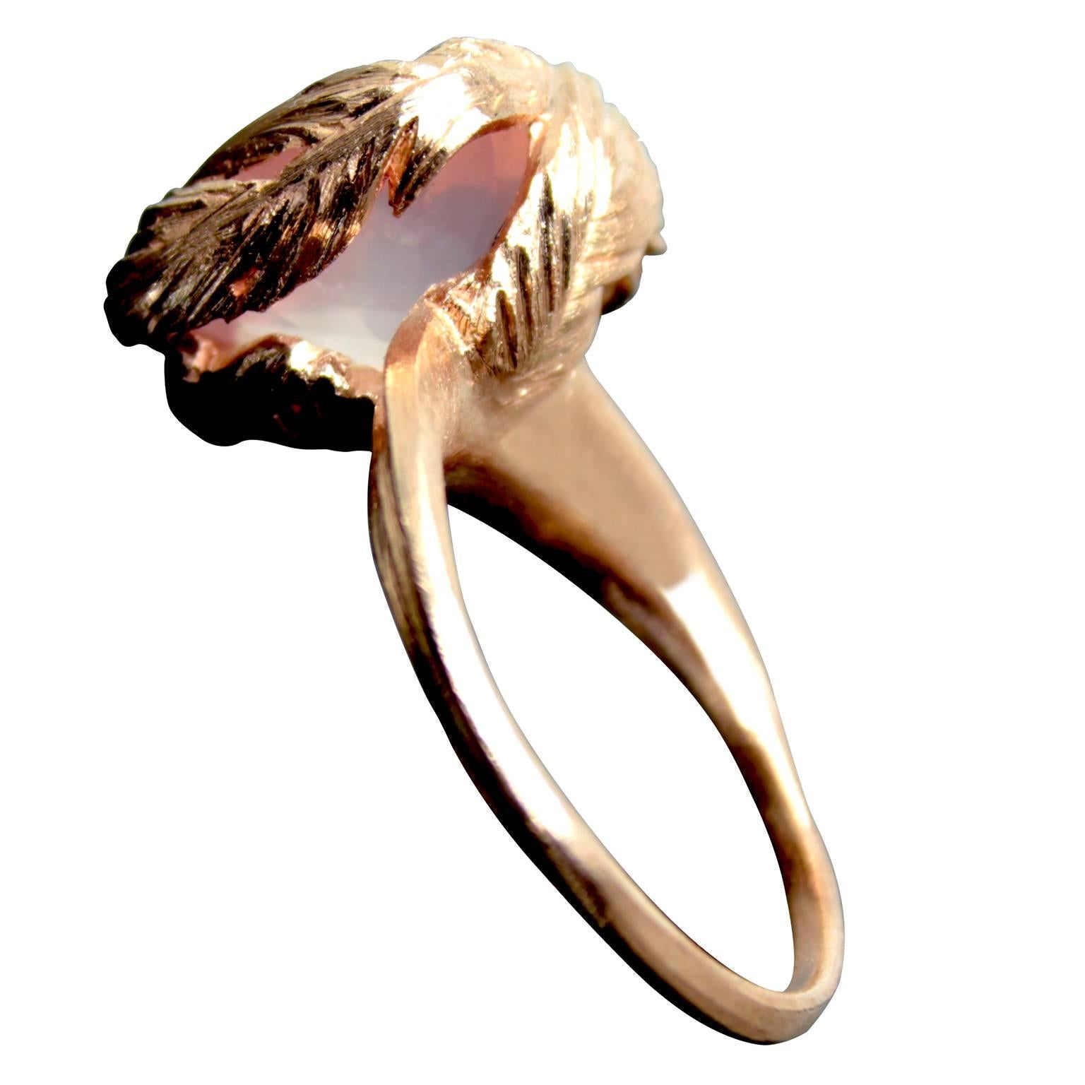 Cushion Cut Rose Quartz Gold Feather Ring For Sale