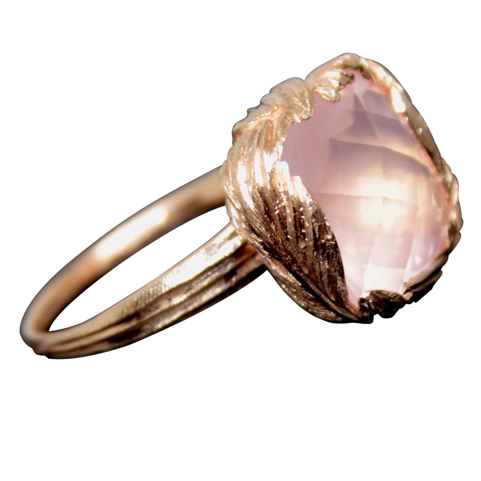Women's Rose Quartz Gold Feather Ring For Sale