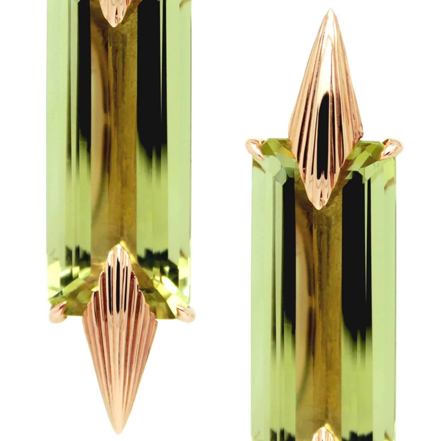 Lemon Quartz Baguette Audacity Tapered Spike Gold Earrings In New Condition For Sale In London, GB