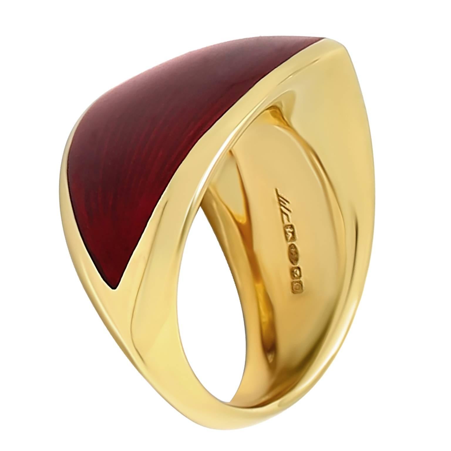 The Libertine ring has become a loved design and continues to be a real favourite. Both bold in colour and size it look amazing on and is very comfortable and tactile.

When the light hits the translucent cold enamel it reflects a strong vibrant