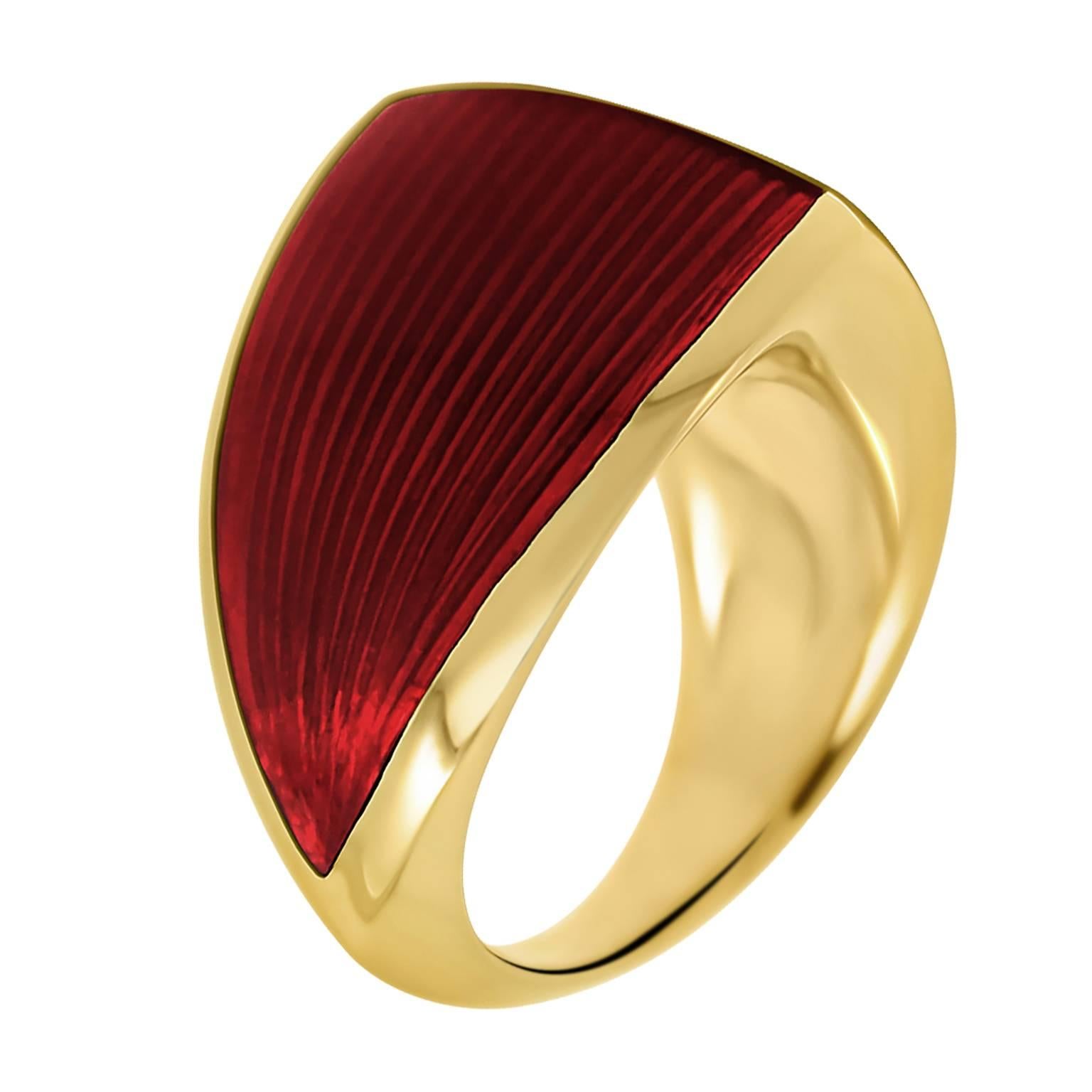 William Cheshire Translucent Red Cold Enamel Gold Vermeil Libertine Ring   For Sale