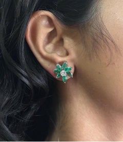 0.85ct Natural Diamond And Emeralds Flower Stud Earrings, 14k White Gold