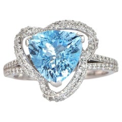 Trilliant-Cut Aquamarine Ring with Diamonds in 14K White Gold Size 7