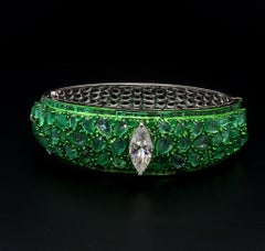 2ct Marquise Natural Diamond, Rose Cut Emeralds Bangle w/Unique Green Rhodium