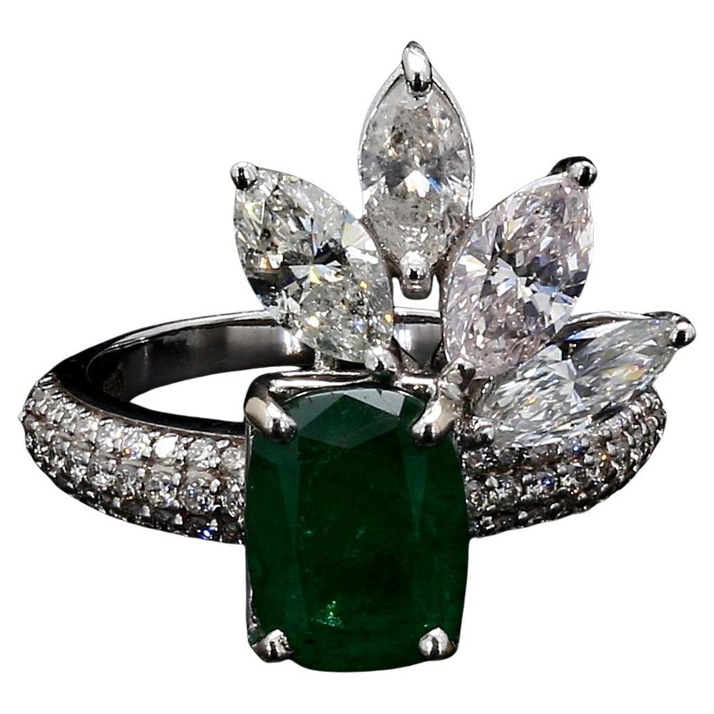 4.19 carat Natural Diamonds Cocktail Crown Ring with Showstopper Natural Emerald For Sale