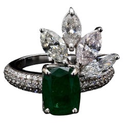 4.19 carat Natural Diamonds Cocktail Crown Ring with Showstopper Natural Emerald