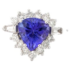 18K White Gold Ring with Trillion-Cut Tanzanite & Diamond Halo, New