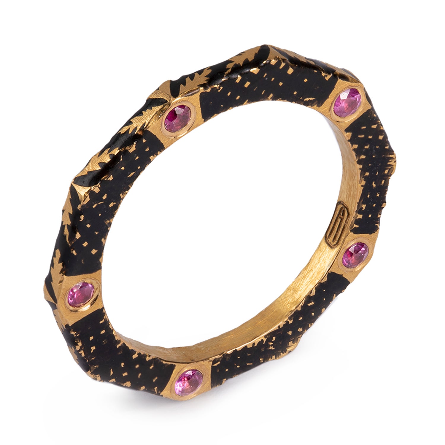 22K Gold Handmade Decagon Shaped Black Enamel Band Ring with Sapphires by Agaro For Sale
