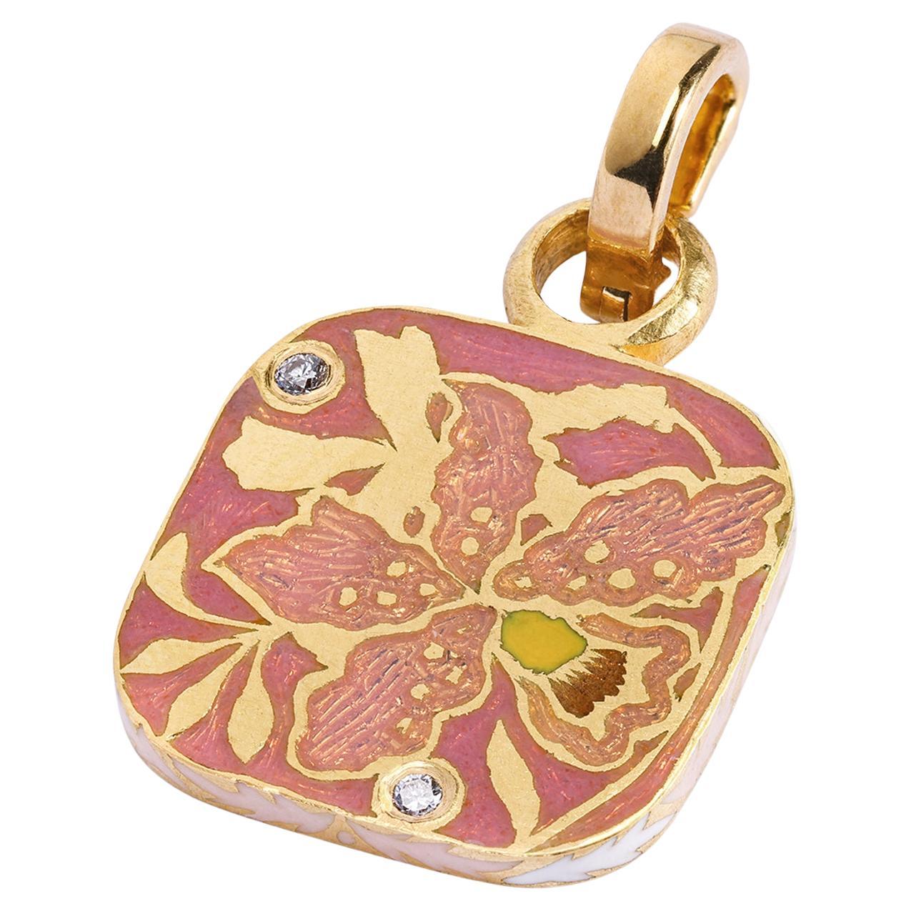 22K Gold Pink Enamel & Diamond Reversible Orchid Charm Pendant Handmade by Agaro For Sale