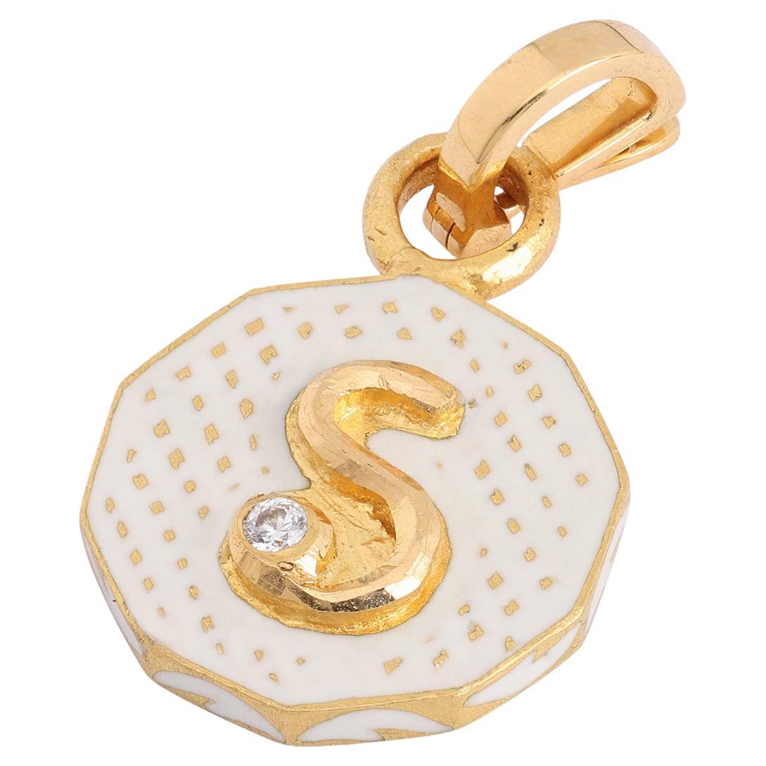 22K Gold Initial 'S' White Floral Enamel Reversible Charm Handmade by Agaro For Sale
